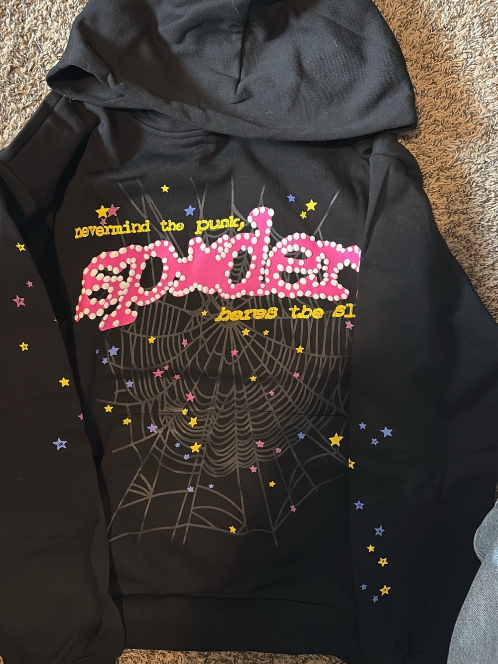 Spider Graphic Black Hoodie with Pink Stud Accents
